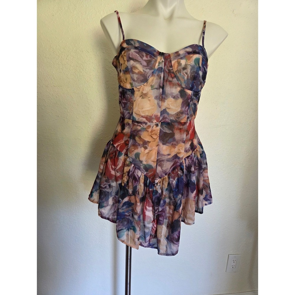 Cider Floral Mesh Bodysuit Mini Dress Corset Bodice Ruffle Skirt Multi Color